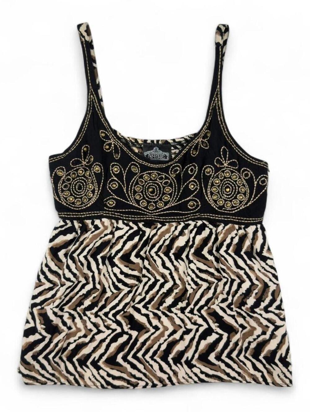Angie black & tan zebra print tank top with embroidery and beading
